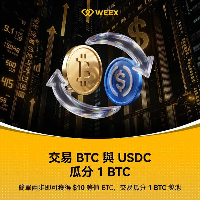 A WEEX promotional graphic for a BTC and USDC trading giveaway event, featuring a golden Bitcoin coin and blue USDC coin encircled by exchange arrows against a cityscape background, with Chinese text announcing a 1 BTC prize pool ("交易 BTC 與 USDC 瓜分 1 BTC"). The image visually reinforces the post's offer to share 1 BTC by trading the BTC/USDC pair on the WEEX platform.