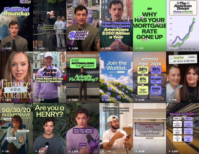 A grid of financial news video thumbnails on TikTok featuring various topics including mortgage rates ("WHY HAS YOUR MORTGAGE RATE GONE UP"), financial literacy, the American Dream, and London neighborhoods.