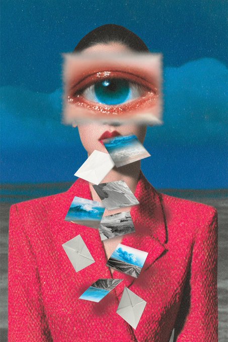 A surreal collage shows a woman in a vibrant red blazer, with an enlarged cut-out of a glittery blue eye covering her face and a cascade of small envelopes and torn photographs spilling from her mouth, set against a sky-blue backdrop. The dreamy, mail-themed imagery whimsically visualizes a "Good Morning" message, as if letters and snapshots are being delivered to start the day.