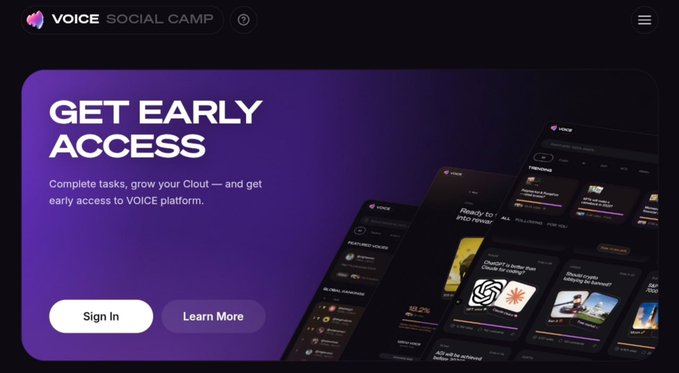 A promotional webpage for 'VOICE SOCIAL CAMP' offering 'GET EARLY ACCESS' with sign-in and learn more buttons.