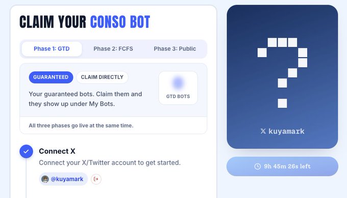 A crypto giveaway page reads “CLAIM YOUR GONSO BOT,” with phases “GTD,” “FCFS,” and “Public,” a “Connect X” step, the handle “@kuyamarxk,” and a countdown reading “9h 45m 26s left.”