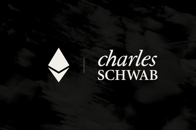 The image displays the Charles Schwab logo—an Ethereum symbol alongside the text "charles SCHWAB"—against a dark, textured background. It relates to the post by illustrating Schwab's new support for Ethereum custody and trading, marking the entry of a major traditional brokerage into the crypto space.