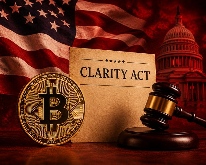A graphic image displays a Bitcoin coin next to a document labeled 'CLARITY ACT' with a gavel, set against an American flag and the US Capitol building.