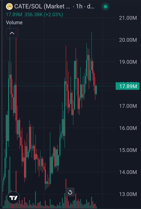 A TradingView candlestick chart shows the CATE/SOL market pair with a current price of 17.89M, up 2.03% (+356.38K), displaying an overall upward trend over recent 1-hour candles that aligns with the post's bullish "$CATE Higher" sentiment.