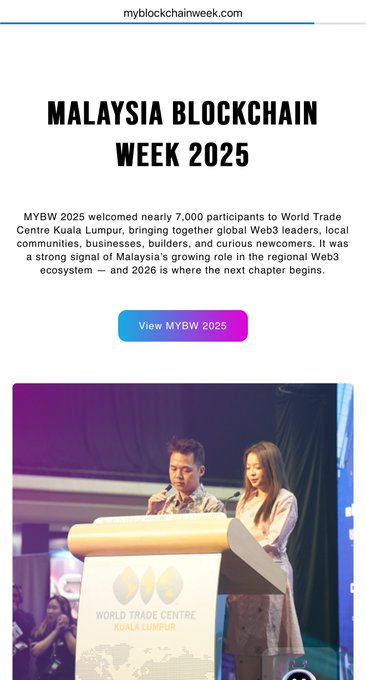 A promotional graphic for Malaysia Blockchain Week 2025 showing nearly 7,000 participants at World Trade Centre Kuala Lumpur, with a photo of speakers at a podium.