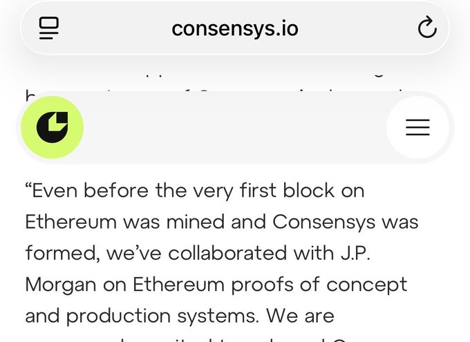 The image shows a screenshot of a website called Consensys.io that displays information about the development of Bitcoin and Ethereum. The main focus of the image is an article titled "Even before the very first block on Etherium was mined and Consensuswas formed, we've joined them with J.P." which highlights the collaboration between Bitcoin and Ethereum in the cryptocurrency space.