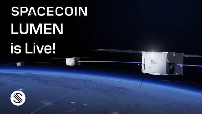 A promotional graphic announcing "SPACECOIN LUMEN is Live!" features two satellites orbiting above Earth against a dark backdrop, with the Spacecoin ($SPACE) logo displayed in the lower left corner, visually representing the launch of their cloud-based satellite data platform.