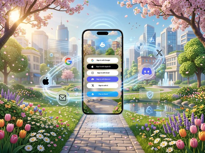 An illustrated promotional image showing a smartphone with various social login options (Google, Apple, Email, Discord, X) displayed against a cherry blossom-filled city park background.