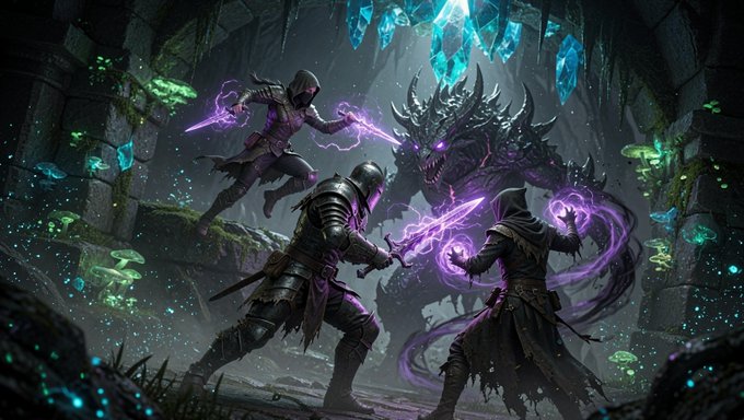 A fantasy digital artwork depicting three adventurers—a hooded mage, an armored knight, and a robed spellcaster—battling a large spiky purple dragon monster in a dark cave illuminated by glowing blue crystals and purple magical energy.
