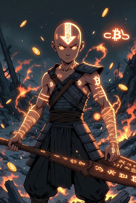 An anime-style illustration of a bald warrior with glowing orange runes on his body and head, wielding a staff against a fiery background with floating gold coins and a stylized Bitcoin (CB) logo.