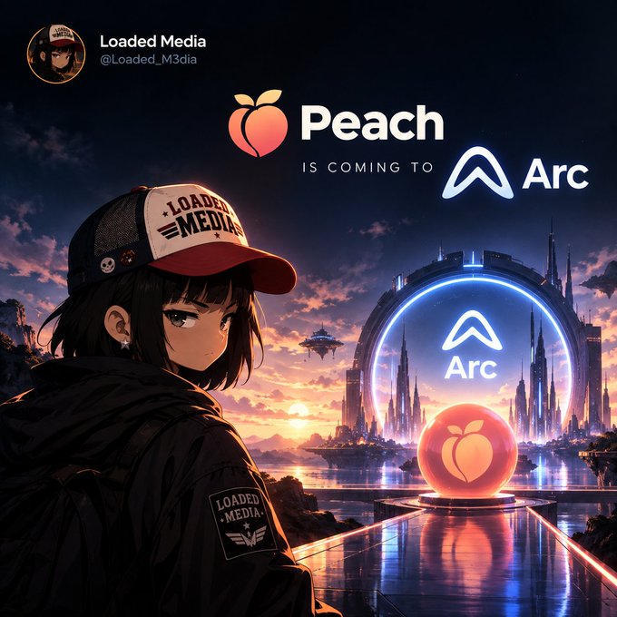 An anime-style illustration announcing 'Peach is coming to Arc' with a girl wearing a 'Loaded Media' cap and jacket, alongside a futuristic cityscape and peach logo.