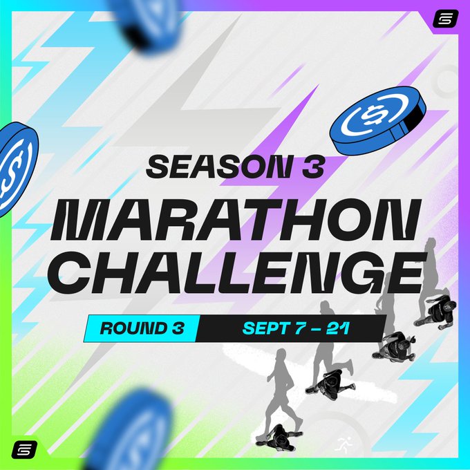A promotional graphic for "SEASON 3 MARATHON CHALLENGE ROUND 3 SEPT 7 - 21," featuring bright colors, running figures, and flying blue tokens with a stylized 'S' logo.