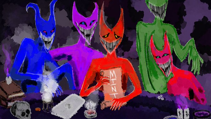 The image features five colorful and evil-looking monsters gathered around a table. They are depicted as characters from various mythological creatures, such as dragons or fairies. The monster on the left has blue horns and teeth and is sitting at the center of the image. Next to it is a purple monster with red eyes and horns. On the right side, another monster with green skin has red eyes and horns. All five monsters are seated around a table adorned with various objects, including cups, books, and cakes. The scene portrays a sense of mystery and intrigue as these characters interact with one another in an unknown world or setting, possibly part of an alternate reality.