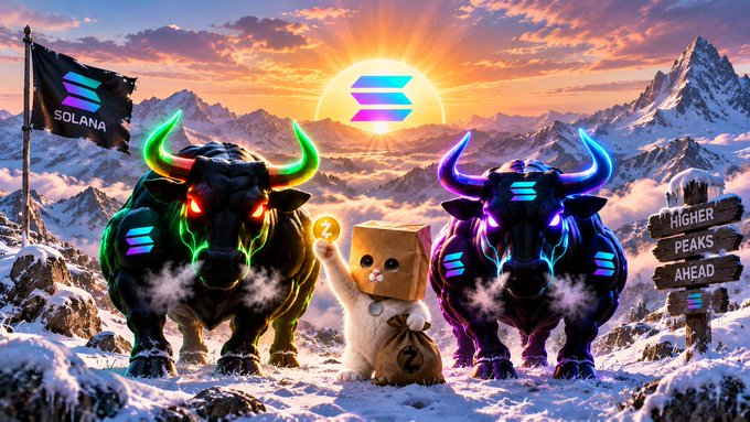 Two glowing bull and bear figures flanking a cat holding a Bitcoin box and money bag stand in a snowy mountain landscape beneath a Solana logo, with a sign reading "HIGHER PEAKS AHEAD" and a "SOLANA" flag waving beside them, visually representing the bullish Solana meme coins ($CURB, $ZCAT) and influencers ($ANSEM) mentioned in the post.