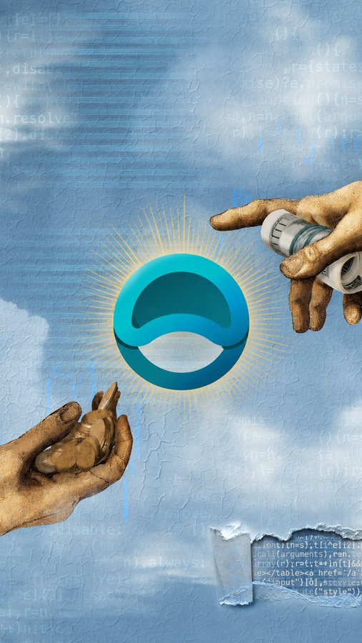 The image features a blue wave-like logo being passed between two hands against a sky background with faint code text, symbolizing a transfer of value. In the bottom right corner, torn paper reveals lines of code including references to "<input", "<layout>", and "style()", suggesting digital or blockchain technology. This connects to the post's mention of "$ANYONE" cryptocurrency and its market cap projection, with the hand-to-hand exchange of the token logo visually representing the potential $1 price target needed to reach a $100M market cap.