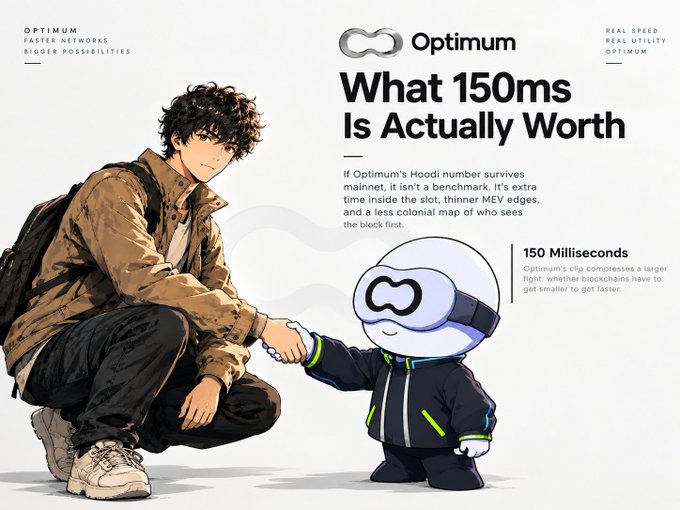 An advertisement for Optimum features an anime-style character fist-bumping a small robot mascot, with the headline 'What 150ms Is Actually Worth' and text explaining blockchain advantages.