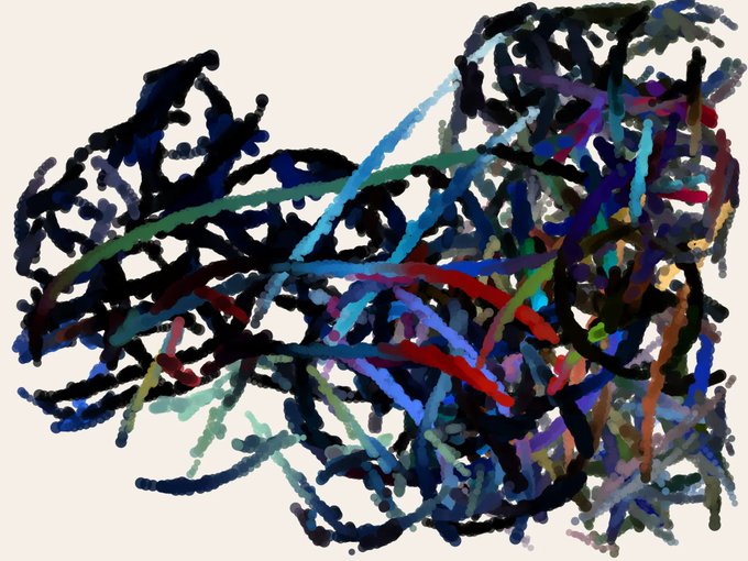 An abstract digital painting featuring a chaotic tangle of dark and brightly colored brushstrokes resembling scribbled lines against a white background.