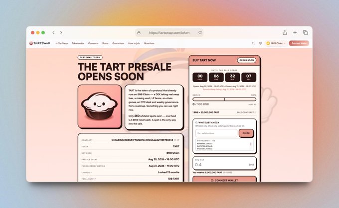 A screenshot of the 'TASTESWAP' website showing 'THE TART PRESALE OPENS SOON' with a countdown timer and a 'BUY TART NOW' section.