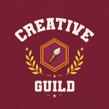 A logo for 'CREATIVE GUILD' featuring a paintbrush inside a hexagon surrounded by golden laurel wreaths on a maroon background.