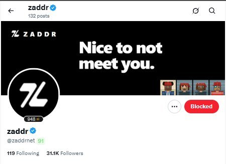 The image shows a screenshot of an Instagram profile for "zaddr" (@zaddrnet), which has been blocked by the user, with 119 following and 31.4K followers, and a tagline reading "Nice to not meet you." The blocked status visually reinforces the post's sentiment about blaming the wrong person, as the poster has apparently blocked this account in response to the dispute over the public mint incident.