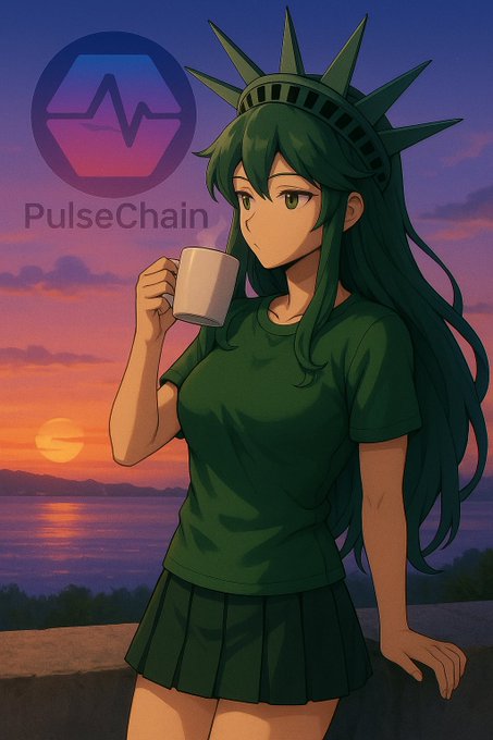 The image shows a green-haired anime character wearing the Statue of Liberty's crown, holding a coffee mug against a sunset coastal backdrop, with the "PulseChain" logo in the upper left corner. The character symbolizes PulseChain's connection to American ideals while the logo reinforces the brand identity described in the accompanying text about PulseChain's superior security and uptime compared to other blockchain networks.