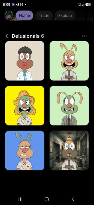 A mobile app screen titled "Delusionals 6" showing a grid of six cartoon character avatars in various outfits.