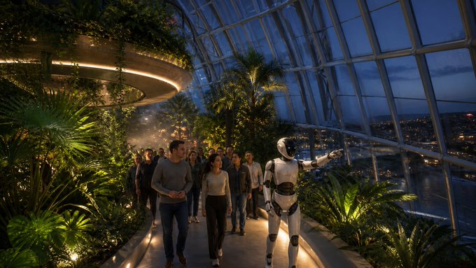 A futuristic greenhouse or observation dome features a humanoid robot walking along a path through lush tropical plants, pointing out at a nighttime city skyline view.