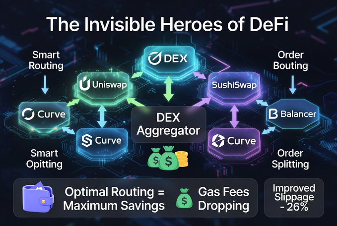 Infographic titled "The Invisible Heroes of DeFi" illustrating DEX aggregators connecting Uniswap, SushiSwap, Curve, and Balancer with features like Smart Routing, Smart Splitting, and Order Splitting.