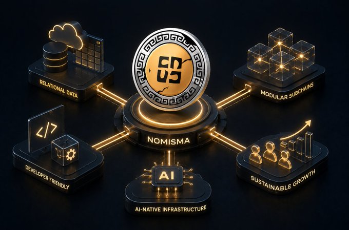 A glowing diagram centers on the Nomisma coin and its "AI-Native Infrastructure," branching out via golden pathways to four labeled pillars—"Relational Data," "Modular Subchains," "Sustainable Growth," and "Developer Friendly"—illustrating how each onchain touchpoint (Nomizen ID, dApp activity, quests, CHR staking) feeds into an evolving user reputation profile rather than a fleeting rewards campaign.