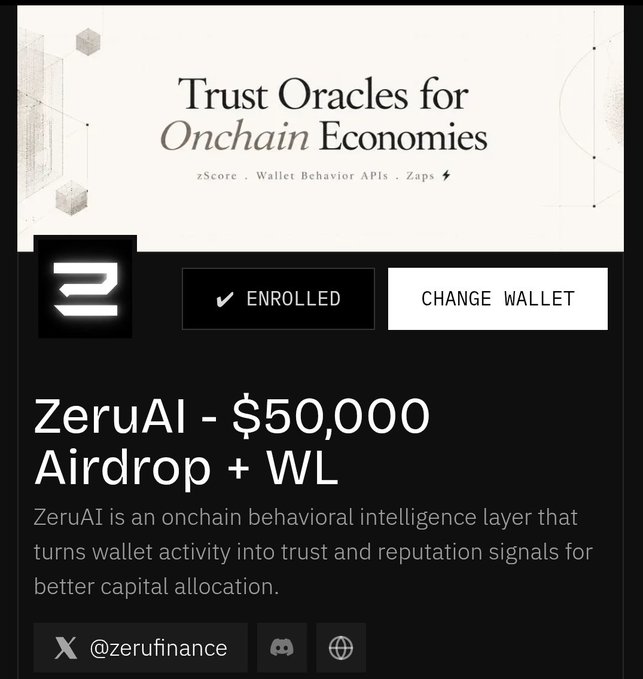 A digital advertisement for 'ZeruAI' promoting a '$50,000 Airdrop + WL', described as an onchain behavioral intelligence layer, with the handle '@zerufinance'.