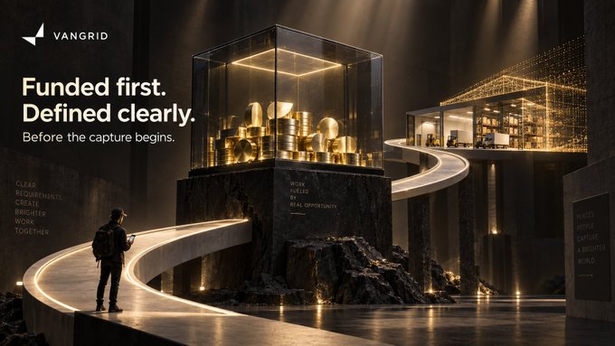 A VanGrid advertisement with the tagline 'Funded first. Defined clearly. Before the capture begins,' showing a person on a curved pathway looking at illuminated golden coin stacks in a dark, cavernous setting.