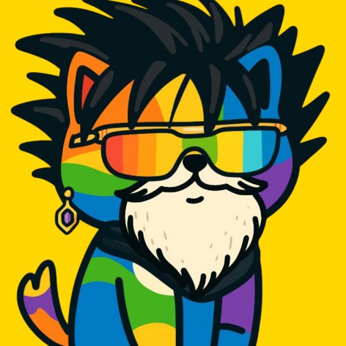 A colorful cartoon illustration shows a bearded cat character with cat ears wearing rainbow sunglasses and a rainbow outfit against a yellow background.