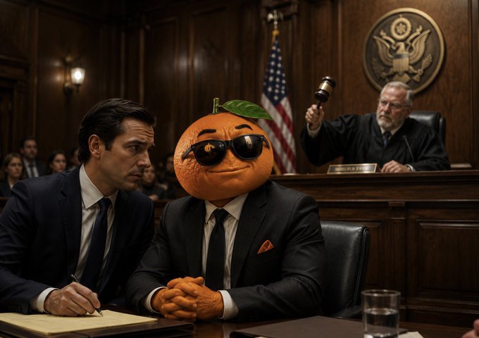 An anthropomorphic orange wearing sunglasses sits at a defendant's table in a wood-paneled federal courtroom next to a suited attorney, while a judge wields a gavel behind the bench adorned with a U.S. seal and American flag—visually depicting the "real federal lawsuit" (Spyder Games vs Mementum Lab) referenced in the UDIN post about the meme token's September 16 hearing.