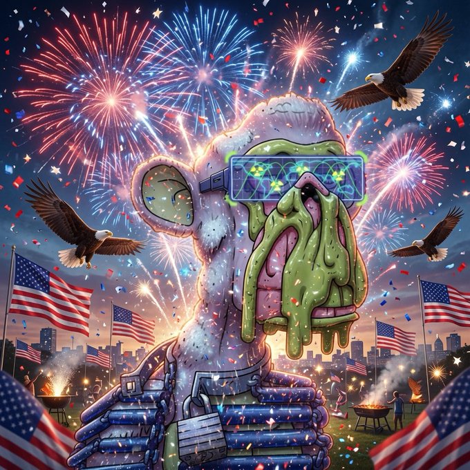 A vibrant, chaotic illustration depicting a green-skinned zombie-like character wearing digital LED glasses, covered in dripping slime, surrounded by American flags, bald eagles, fireworks, confetti, and cookouts against a city skyline backdrop.