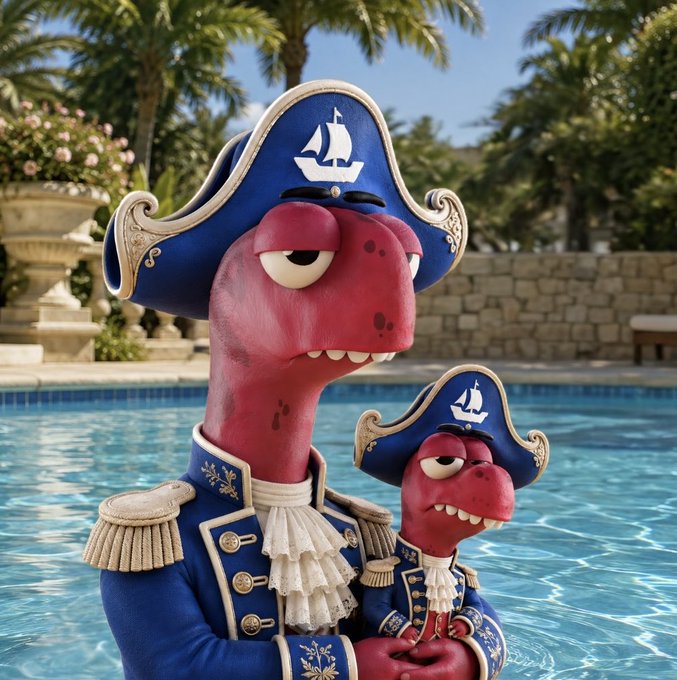 Two red Claynosaurz NFT characters dressed in ornate blue and gold naval captain uniforms with ship-emblazoned tricorne hats stand by a resort pool, celebrating their launch as a tradeable collection on OpenSea.