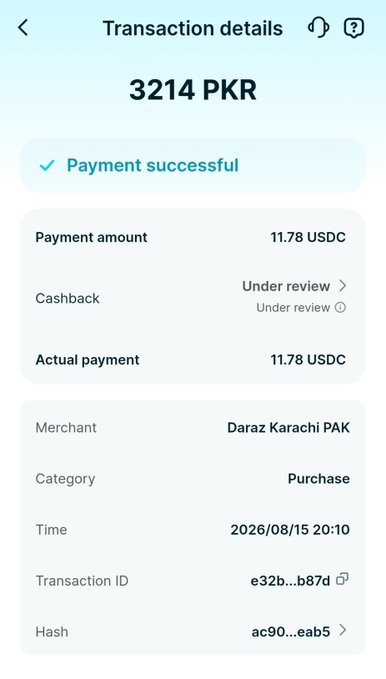 Transaction details screen showing a successful payment of 3214 PKR (11.78 USDC) to Daraz Karachi PAK with transaction ID e32b...b87d.