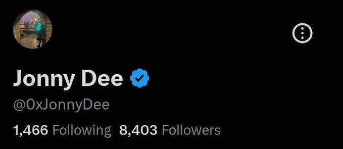 A Twitter/X profile for "Jonny Dee" (@0xJonnyDee) with a blue verified checkmark, showing 1,466 Following and 8,403 Followers.