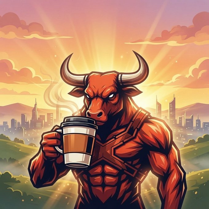 A muscular red bull with steam rising from a coffee cup stands before a city skyline at sunrise, symbolizing bullish energy and a morning "GM" greeting to fellow crypto/finance enthusiasts ready to connect and build.
