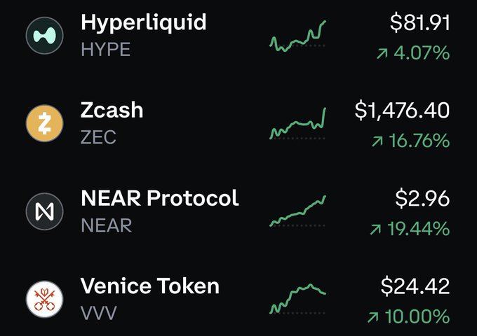 A cryptocurrency price list shows Hyperliquid (HYPE) at $81.91 (+4.07%), Zcash (ZEC) at $1,476.40 (+16.76%), NEAR Protocol (NEAR) at $2.96 (+19.44%), and Venice Token (VVV) at $24.42 (+10.00%).