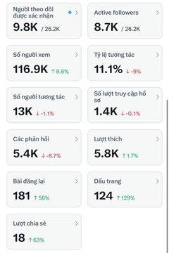 A Vietnamese social media analytics dashboard showing metrics like 'Người theo dõi được xác nhận' (9.8K), 'Active followers' (8.7K), 'Số người xem' (116.9K), and 'Tỷ lệ tương tác' (11.1%) with various percentage changes.