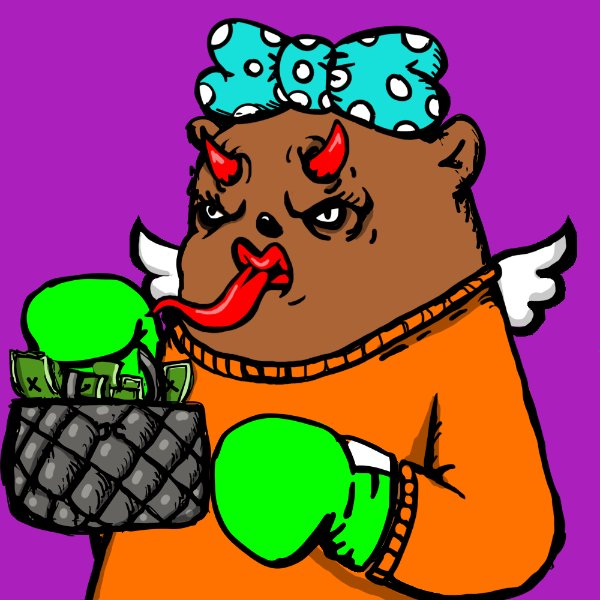 A cartoon illustration of a brown bear-like creature with a blue polka-dot bow, red devil horns, and a protruding tongue, wearing an orange sweater and holding a basket of money.