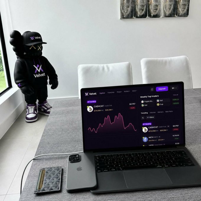 A laptop on a gray desk displays the Velvet trading platform showing CASH/CAT, WETH and USDC pairs, alongside a "Weekly Top Traders" leaderboard, a smartphone, a Goyard wallet, and a black Velvet-branded bear figurine. The setup visually reinforces the post's message of using Velvet's AI-powered tools to track on-chain data, wallet flows, and trending tokens like CASH/CAT for informed crypto trading decisions.