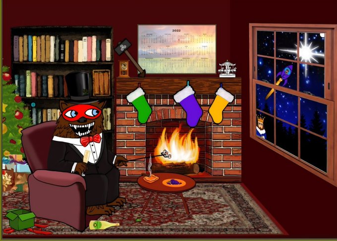 The image shows a smiling, top-hatted bear in a tuxedo sitting by a fireplace with stockings hung for Christmas, with a "2022" calendar visible above the mantle and a rocket ship flying past a window at night. The bear's wide grin ties into the post's reference to International Smile Day on October 2nd, while the cozy holiday scene and calendar hint at the transition between the federal fiscal year end (September 30) and the new fiscal period beginning October 1.