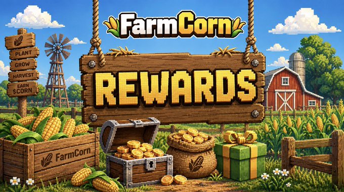 A vibrant promotional graphic for 'FarmCorn' featuring a wooden 'REWARDS' sign, a treasure chest of gold coins, a corn-filled sack, and a 'PLANT, GROW, HARVEST, EARN $CORN' directional sign in a farm setting with a windmill and barn.