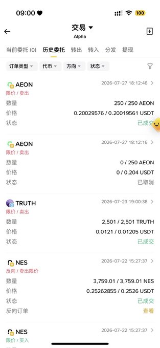 A smartphone screenshot of a Binance "History Orders" page under the "Alpha" trading section shows multiple completed and cancelled orders for tokens AEON, TRUTH, and NES against USDT, with dates ranging from July 22–27, 2026. The visible AEON limit sell order at 0.20029576 USDT for 250 AEON aligns with the post, illustrating the user's exit around the 0.2 mental target before the token's price reportedly dropped further.