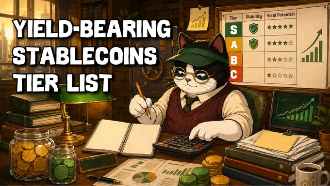A cartoon cat wearing glasses, a green cap, and a vest works at a desk filled with books, coins, and a calculator, with the bold title "YIELD-BEARING STABLECOINS TIER LIST" displayed alongside a chart ranking tiers S through C. The image visually introduces the tier list format referenced in the post, highlighting "Tier S" as the top-ranked category for blue-chip stablecoin yield plays like Theo Network's thUSD/thBILL.