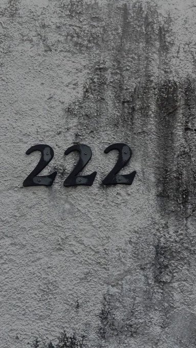 The number '222' in black metal numerals mounted on a textured, weathered gray wall, an angel number associated with balance and harmony.