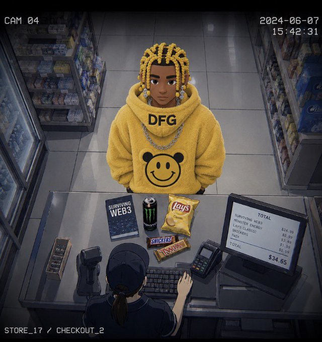 A digital illustration depicting a security camera view of a person in a yellow 'DFG' hoodie at a store checkout purchasing 'Surviving Web3', a Monster energy drink, Lay's chips, Twix, and Snickers, with the register displaying a total of $34.65.
