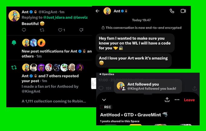 The image shows screenshots of Twitter notifications and a direct message from King Ant (@KingAnt), confirming a whitelist spot for Anthood by mentioning the WLI code, along with Space and OpenSea notifications. This supports the post's claim of securing an Anthood whitelist spot through King Ant's appreciation of the user's fan art.