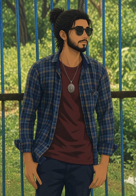 An illustrated anime-style man with a beard and hair bun, wearing sunglasses, a blue plaid shirt over a maroon t-shirt, and a pendant necklace, standing in front of blue bars with greenery behind him.